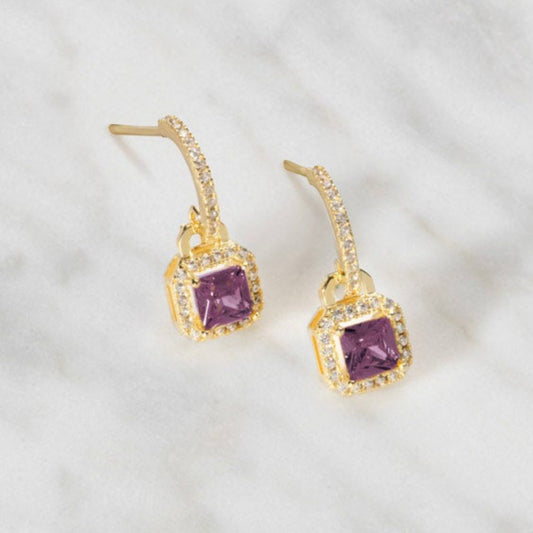 Amethyst February Birthstone Square Stud Earrings