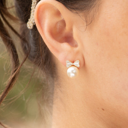 Vegan Pearl Bow Stud Earrings